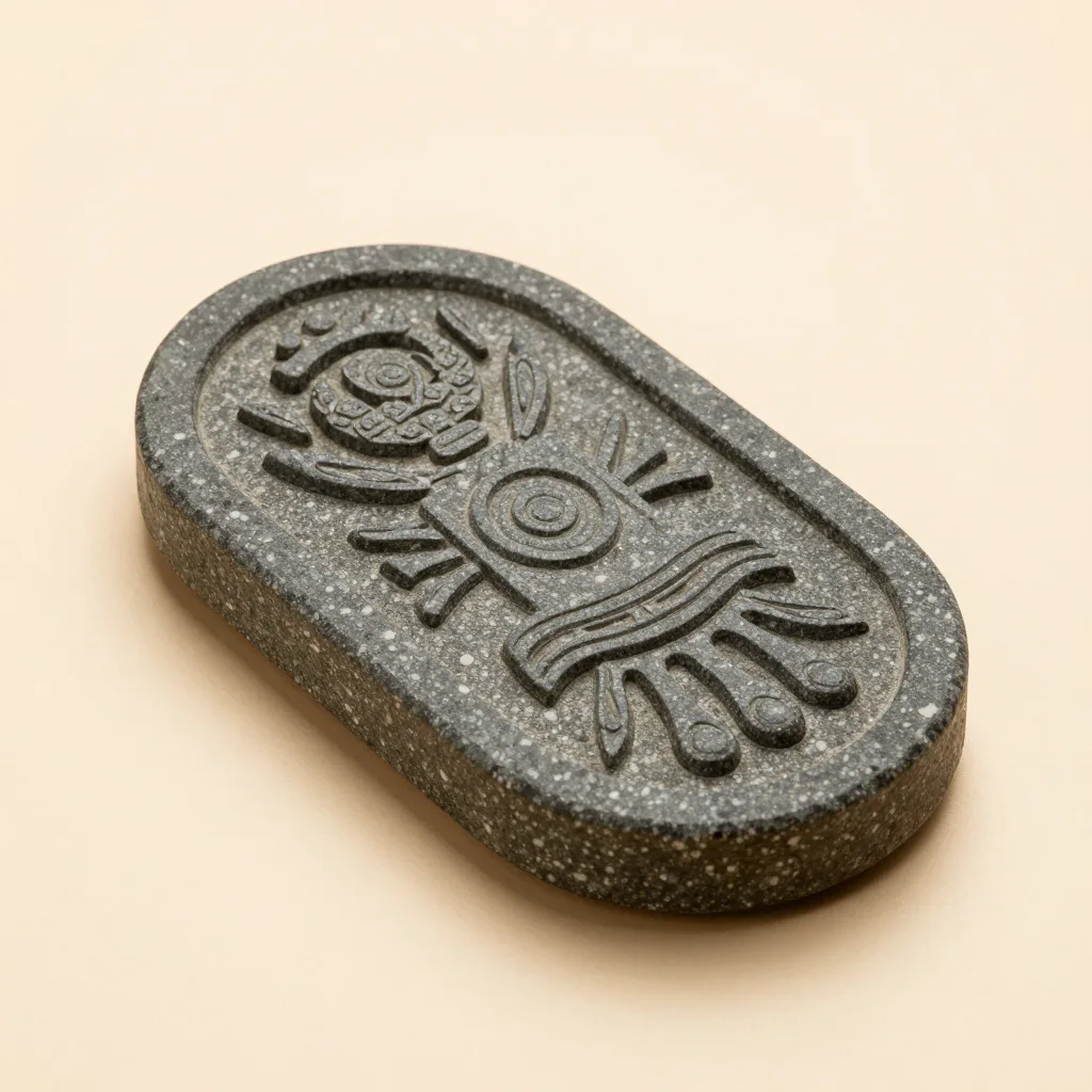 A stone-ground ceremonial cacao tablet on a light background