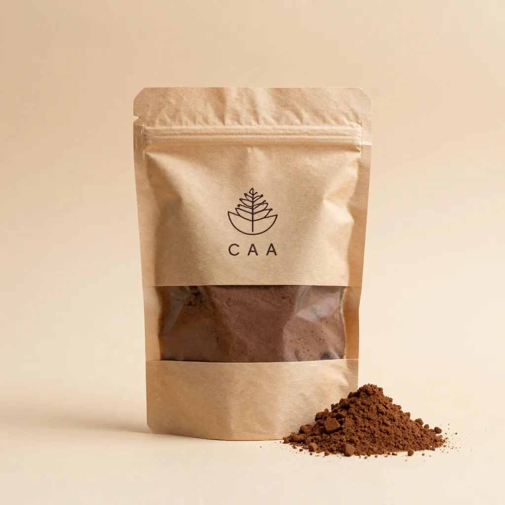 A pouch of ceremonial cacao powder on a light background