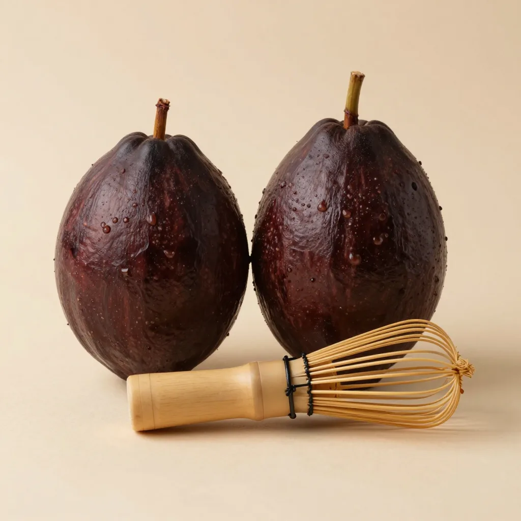 A ceremonial cacao set with a whisk on a light background